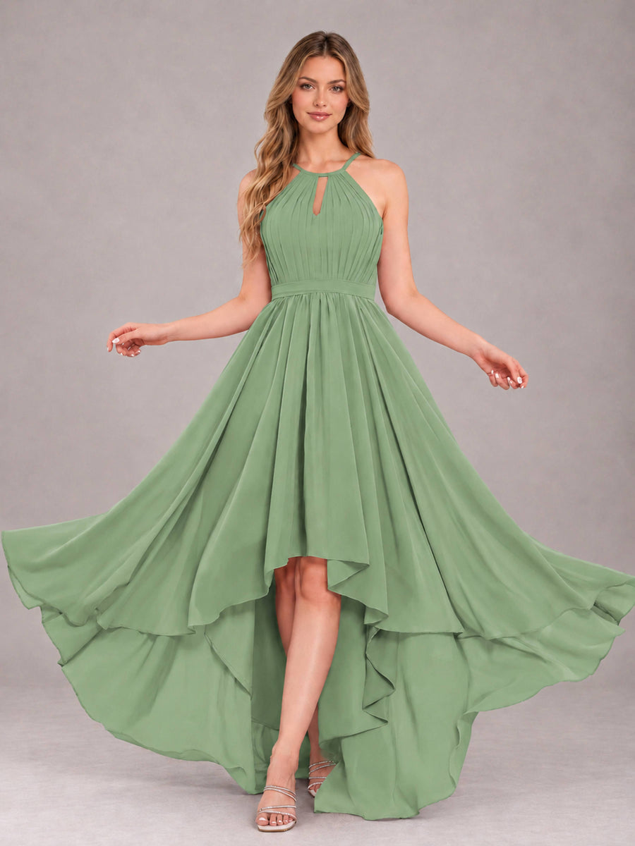 Sage Green Classy Halter Asymmetrical Bow Back Chiffon Bridesmaid Dress