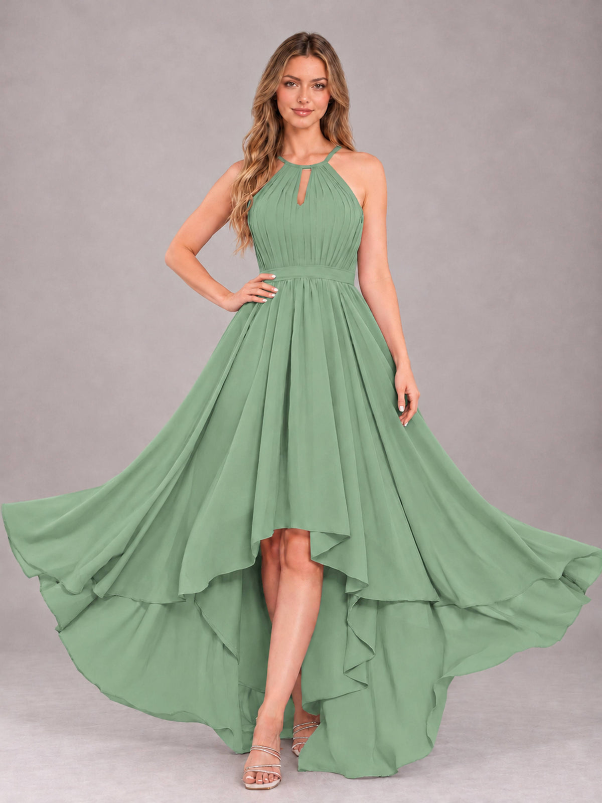 Sage Green Classy Halter Asymmetrical Bow Back Chiffon Bridesmaid Dress