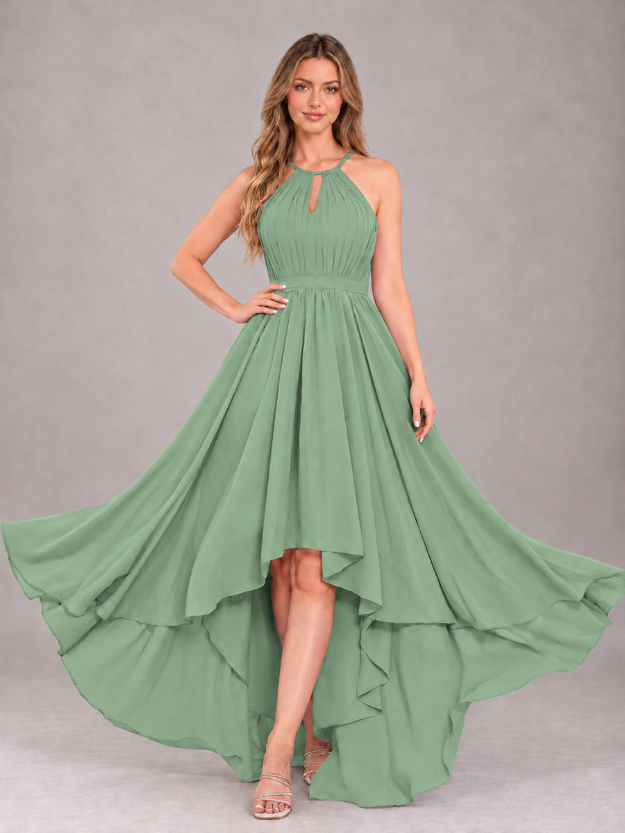 Sage Green Classy Halter Asymmetrical Bow Back Chiffon Bridesmaid Dress