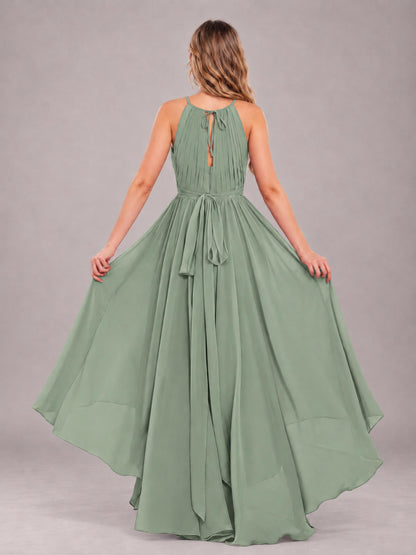 Sage Green Classy Halter Asymmetrical Bow Back Chiffon Bridesmaid Dress