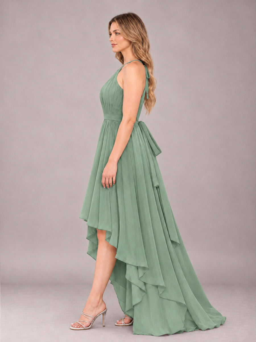 Sage Green Classy Halter Asymmetrical Bow Back Chiffon Bridesmaid Dress