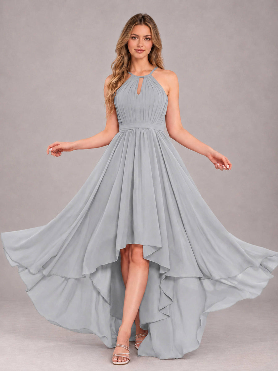 Silver Classy Halter Asymmetrical Bow Back Chiffon Bridesmaid Dress
