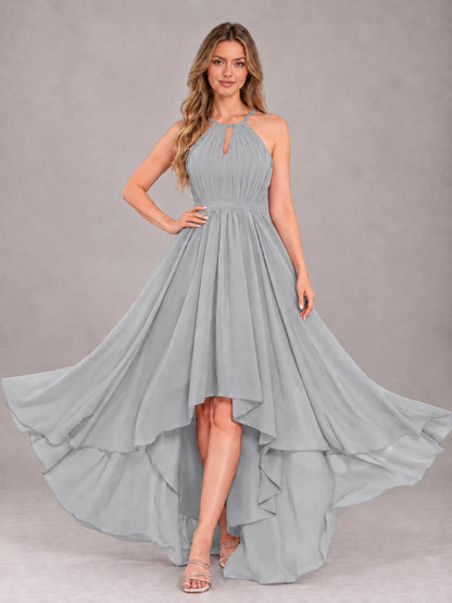 Silver Classy Halter Asymmetrical Bow Back Chiffon Bridesmaid Dress