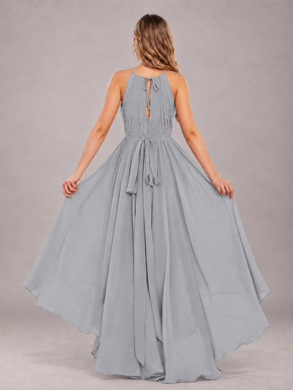 Silver Classy Halter Asymmetrical Bow Back Chiffon Bridesmaid Dress