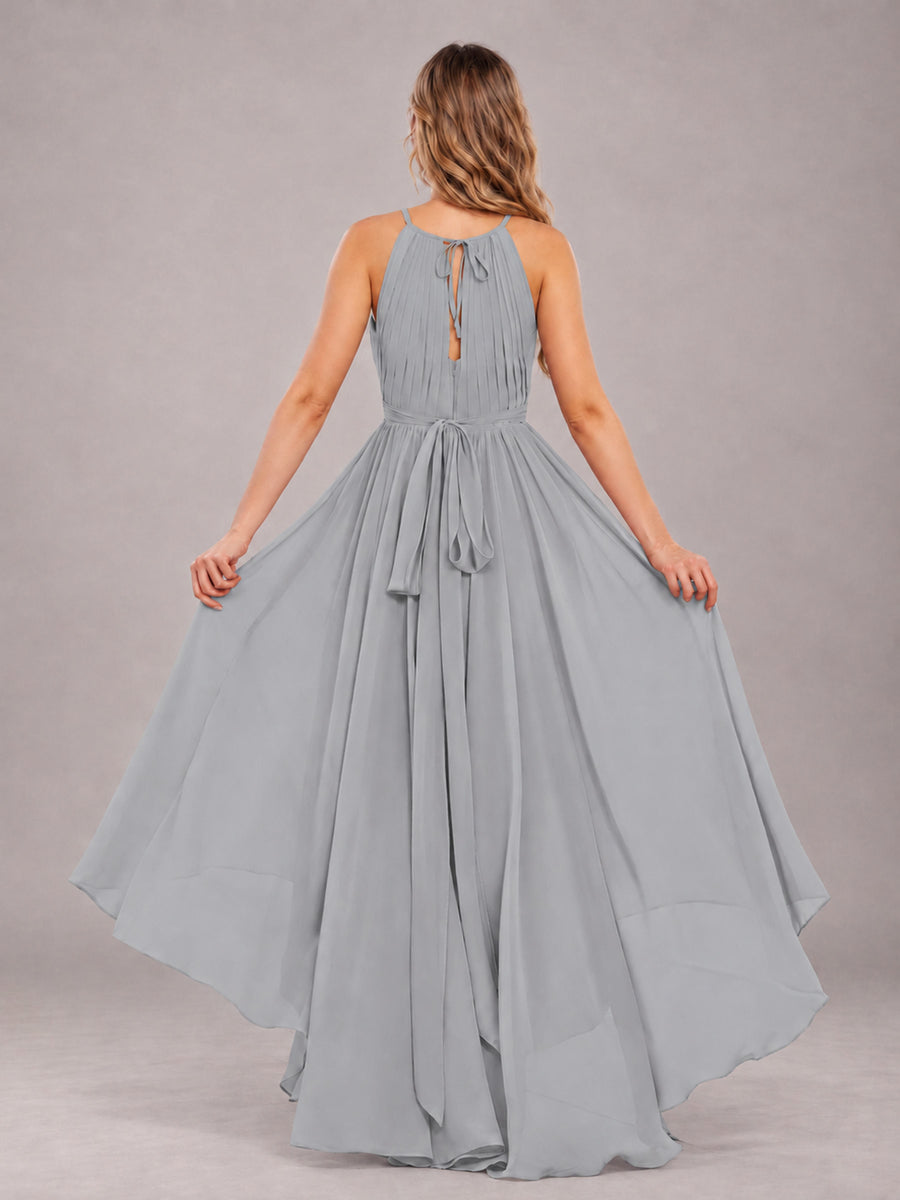 Silver Classy Halter Asymmetrical Bow Back Chiffon Bridesmaid Dress
