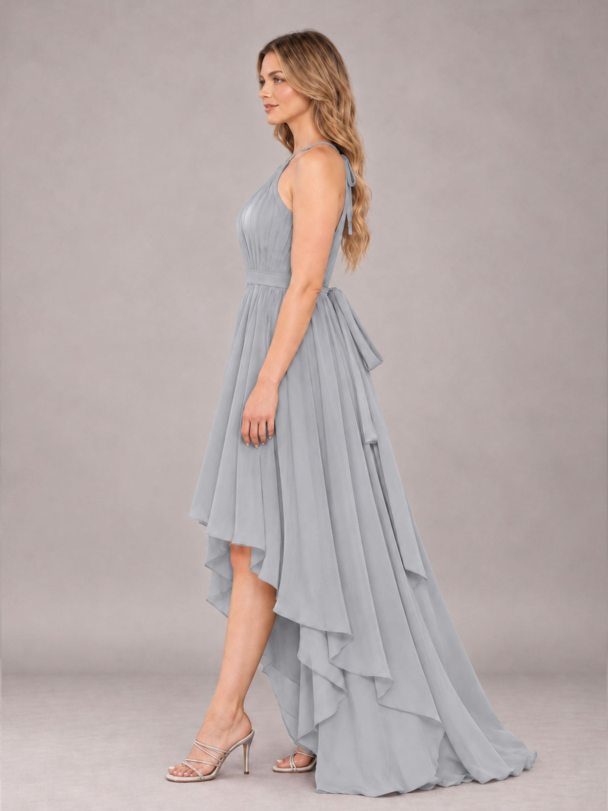 Silver Classy Halter Asymmetrical Bow Back Chiffon Bridesmaid Dress