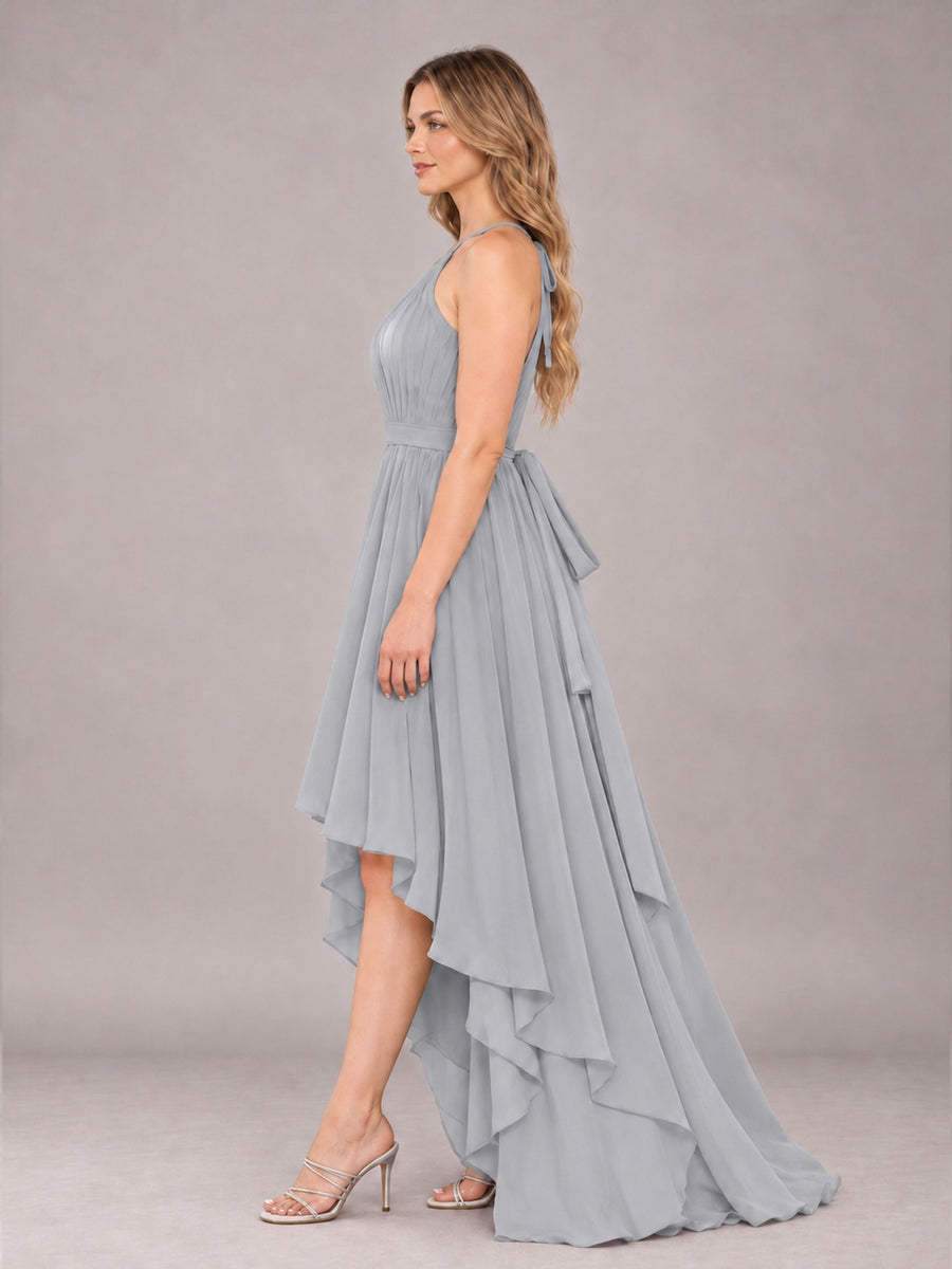 Silver Classy Halter Asymmetrical Bow Back Chiffon Bridesmaid Dress