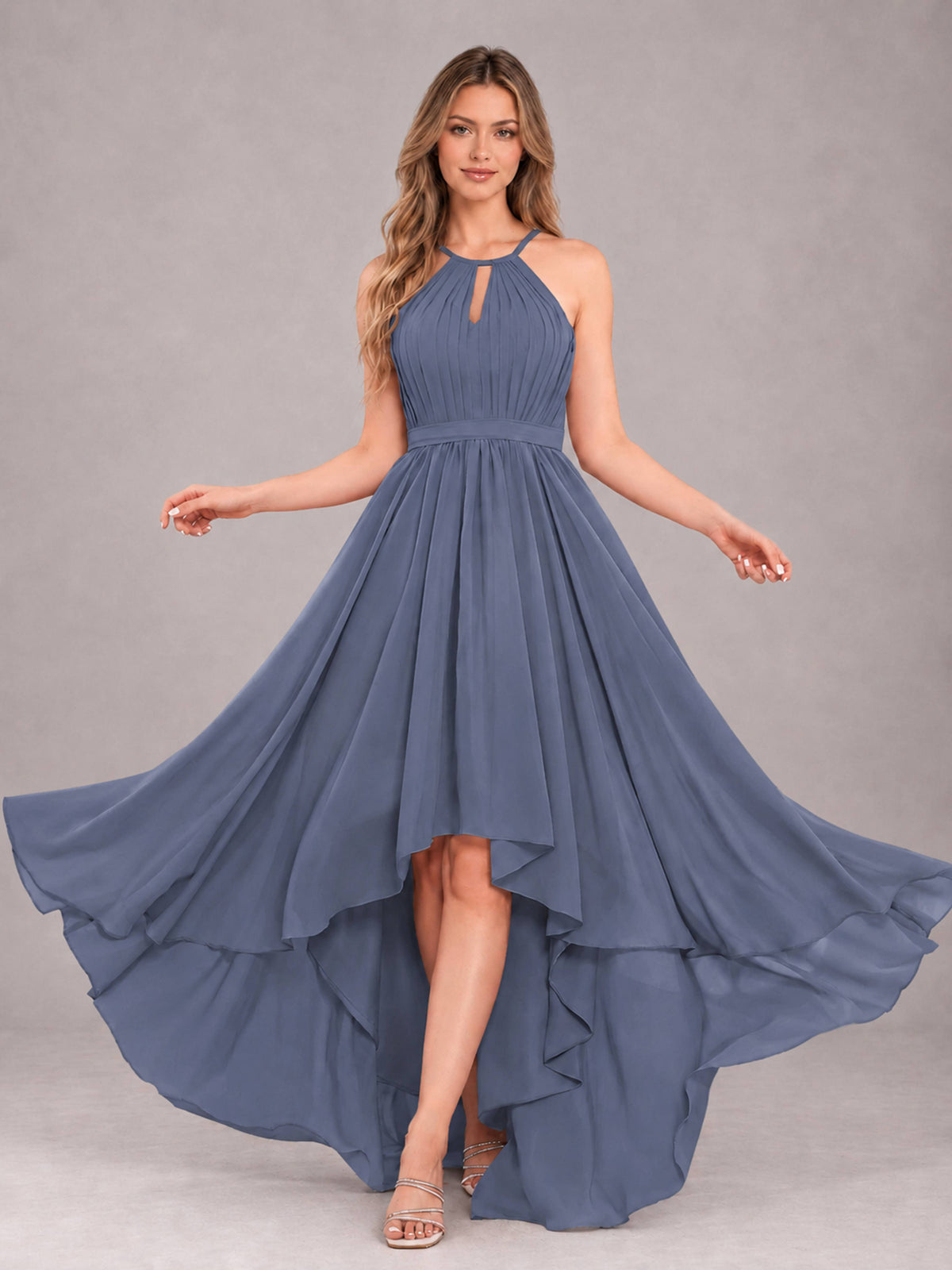Stormy Blue Classy Halter Asymmetrical Bow Back Chiffon Bridesmaid Dress