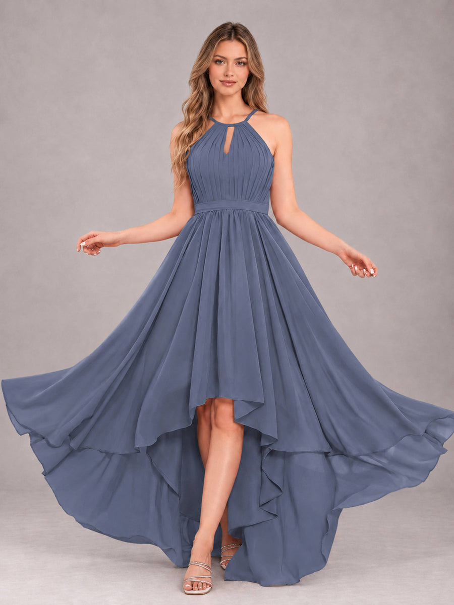Stormy Blue Classy Halter Asymmetrical Bow Back Chiffon Bridesmaid Dress