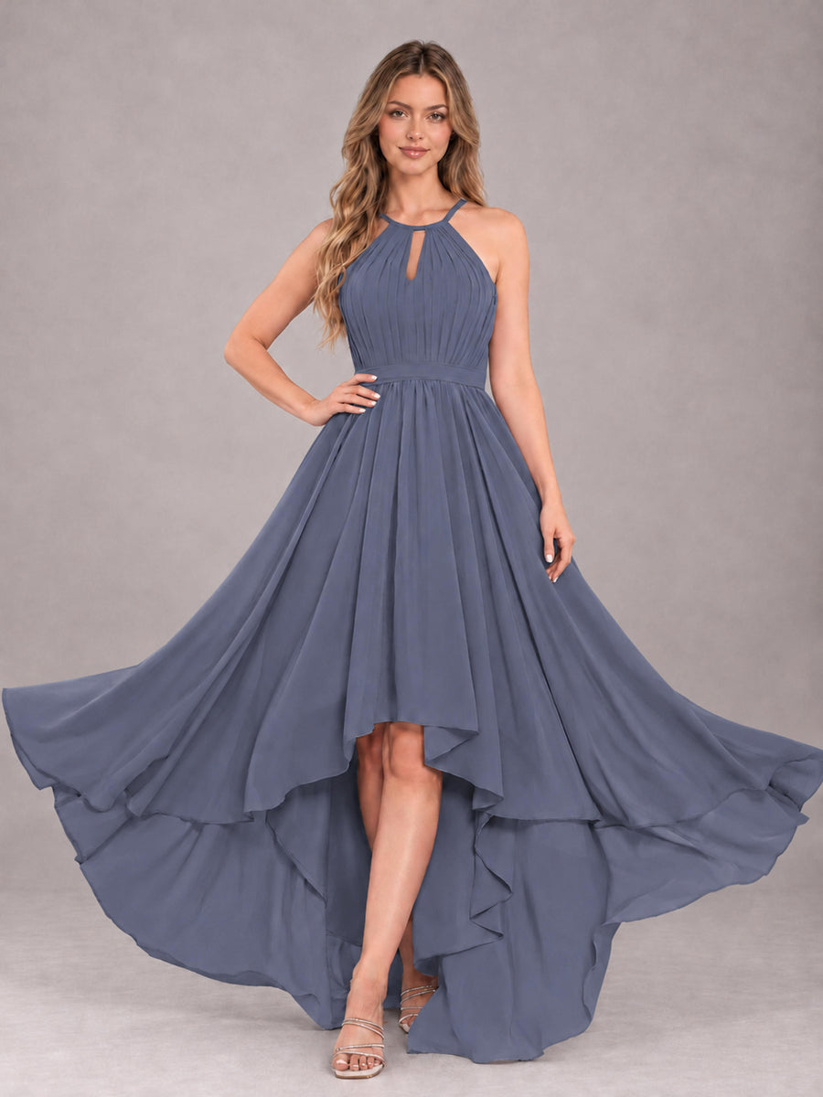 Stormy Blue Classy Halter Asymmetrical Bow Back Chiffon Bridesmaid Dress