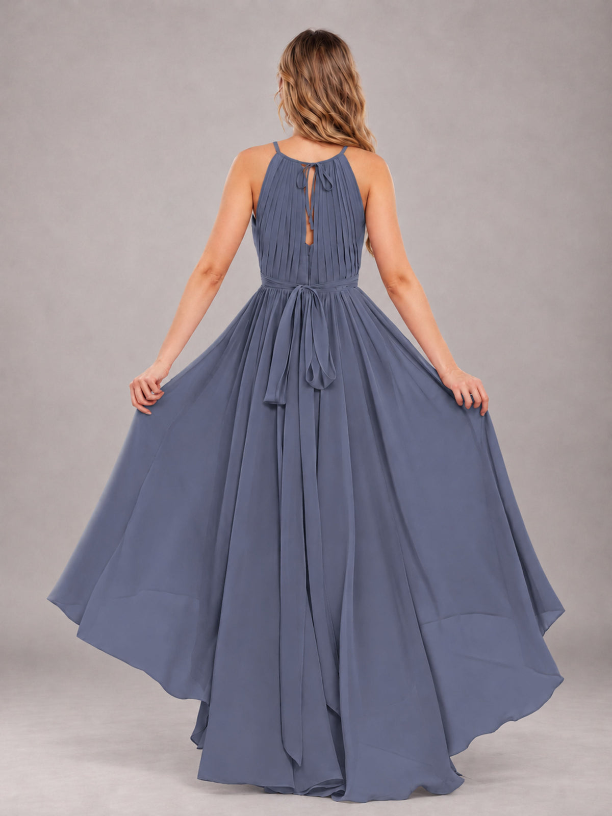 Stormy Blue Classy Halter Asymmetrical Bow Back Chiffon Bridesmaid Dress