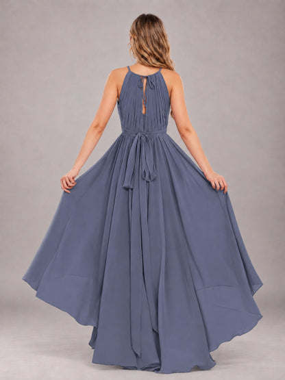 Stormy Blue Classy Halter Asymmetrical Bow Back Chiffon Bridesmaid Dress