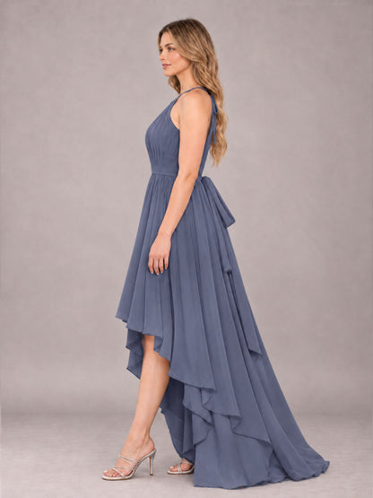 Stormy Blue Classy Halter Asymmetrical Bow Back Chiffon Bridesmaid Dress