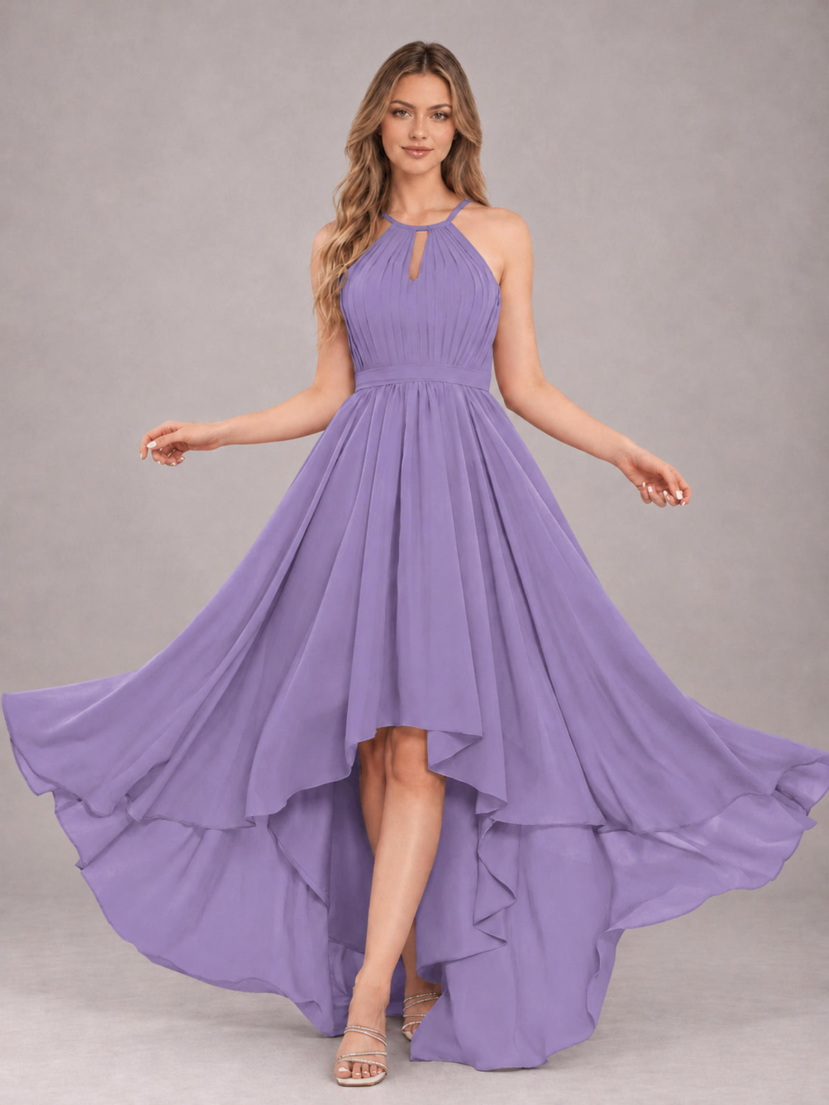 Tahiti Classy Halter Asymmetrical Bow Back Chiffon Bridesmaid Dress
