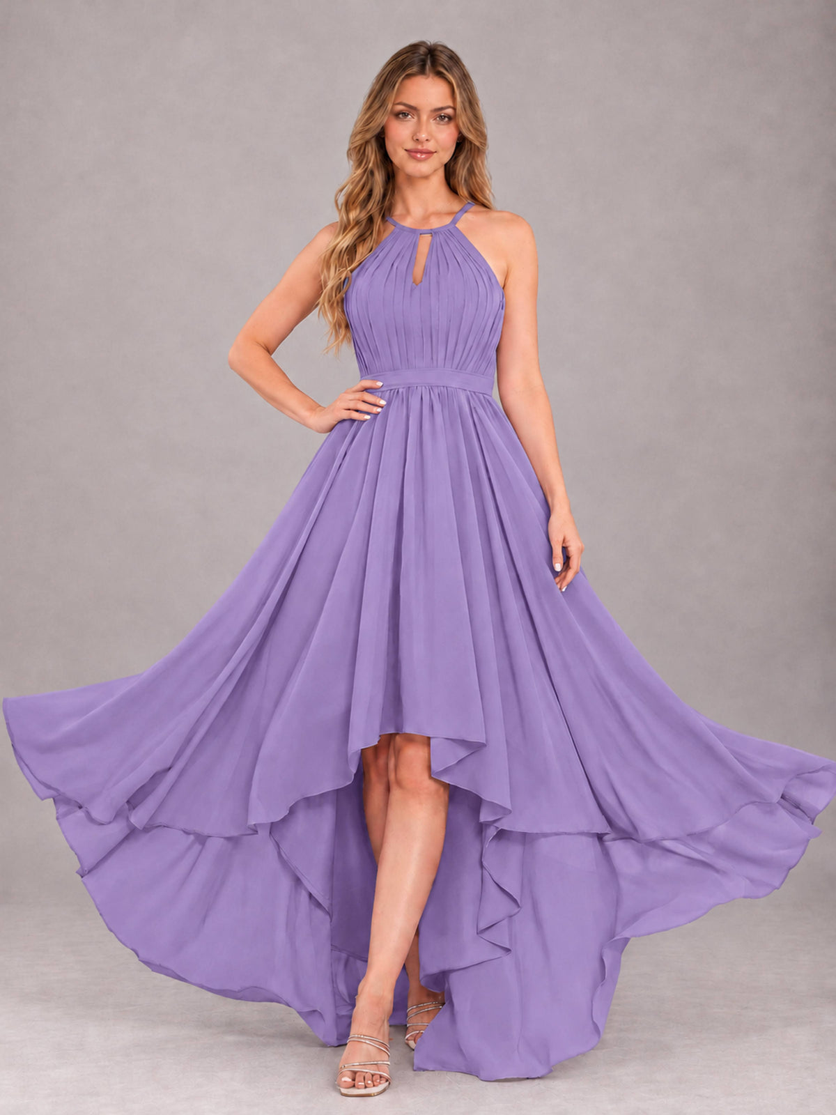 Tahiti Classy Halter Asymmetrical Bow Back Chiffon Bridesmaid Dress