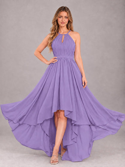 Tahiti Classy Halter Asymmetrical Bow Back Chiffon Bridesmaid Dress