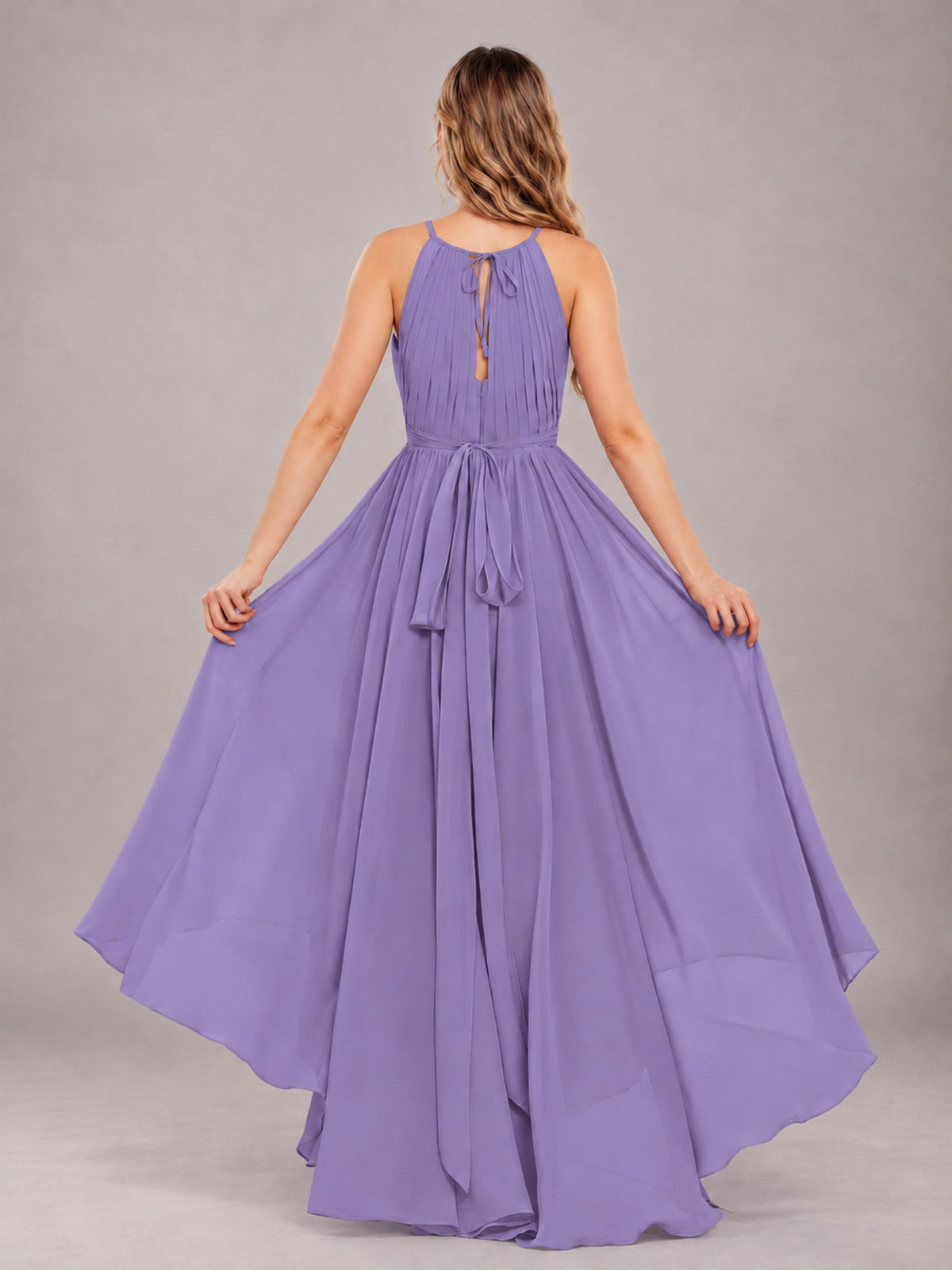 Tahiti Classy Halter Asymmetrical Bow Back Chiffon Bridesmaid Dress