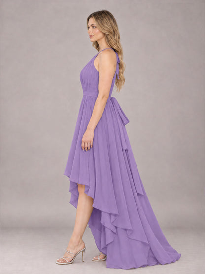 Tahiti Classy Halter Asymmetrical Bow Back Chiffon Bridesmaid Dress