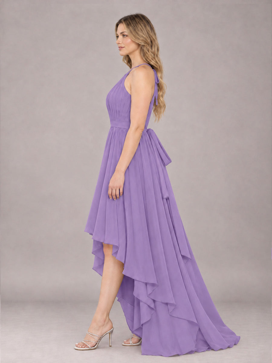 Tahiti Classy Halter Asymmetrical Bow Back Chiffon Bridesmaid Dress