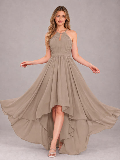 Taupe Classy Halter Asymmetrical Bow Back Chiffon Bridesmaid Dress