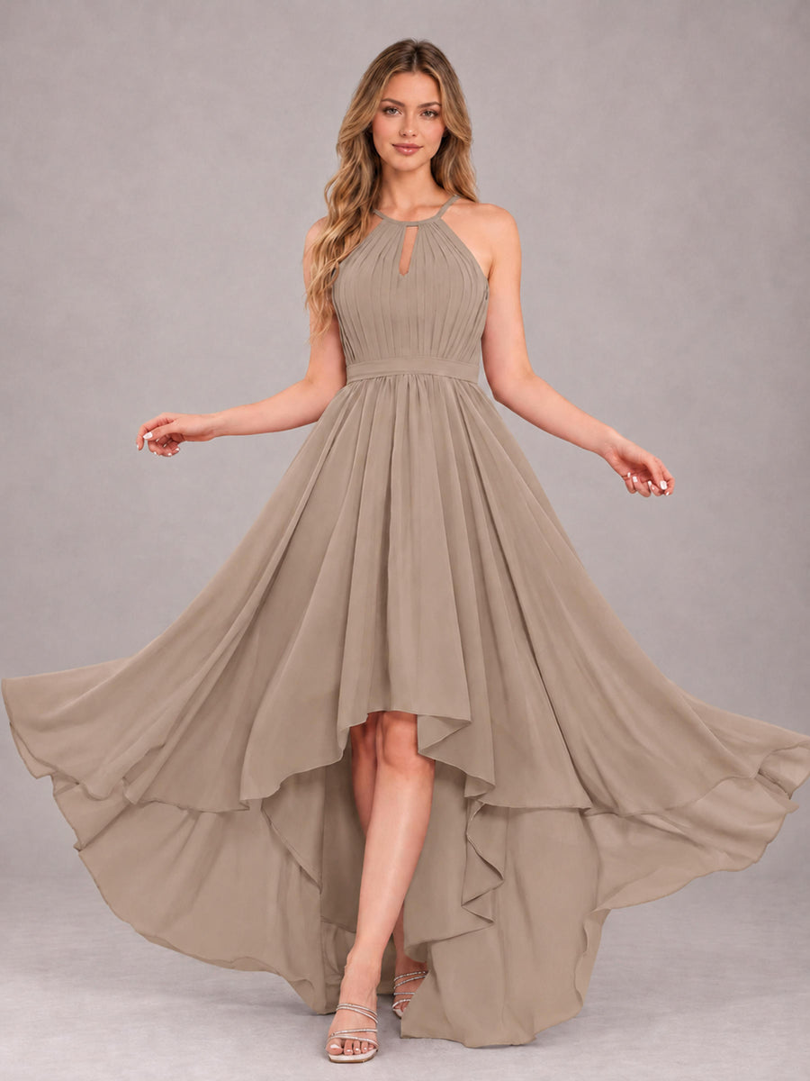 Taupe Classy Halter Asymmetrical Bow Back Chiffon Bridesmaid Dress