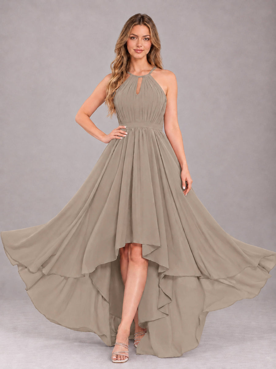 Taupe Classy Halter Asymmetrical Bow Back Chiffon Bridesmaid Dress