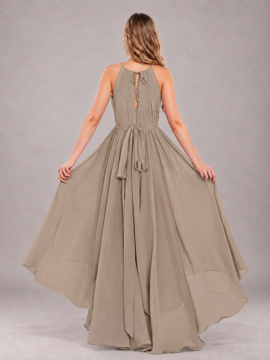 Taupe Classy Halter Asymmetrical Bow Back Chiffon Bridesmaid Dress