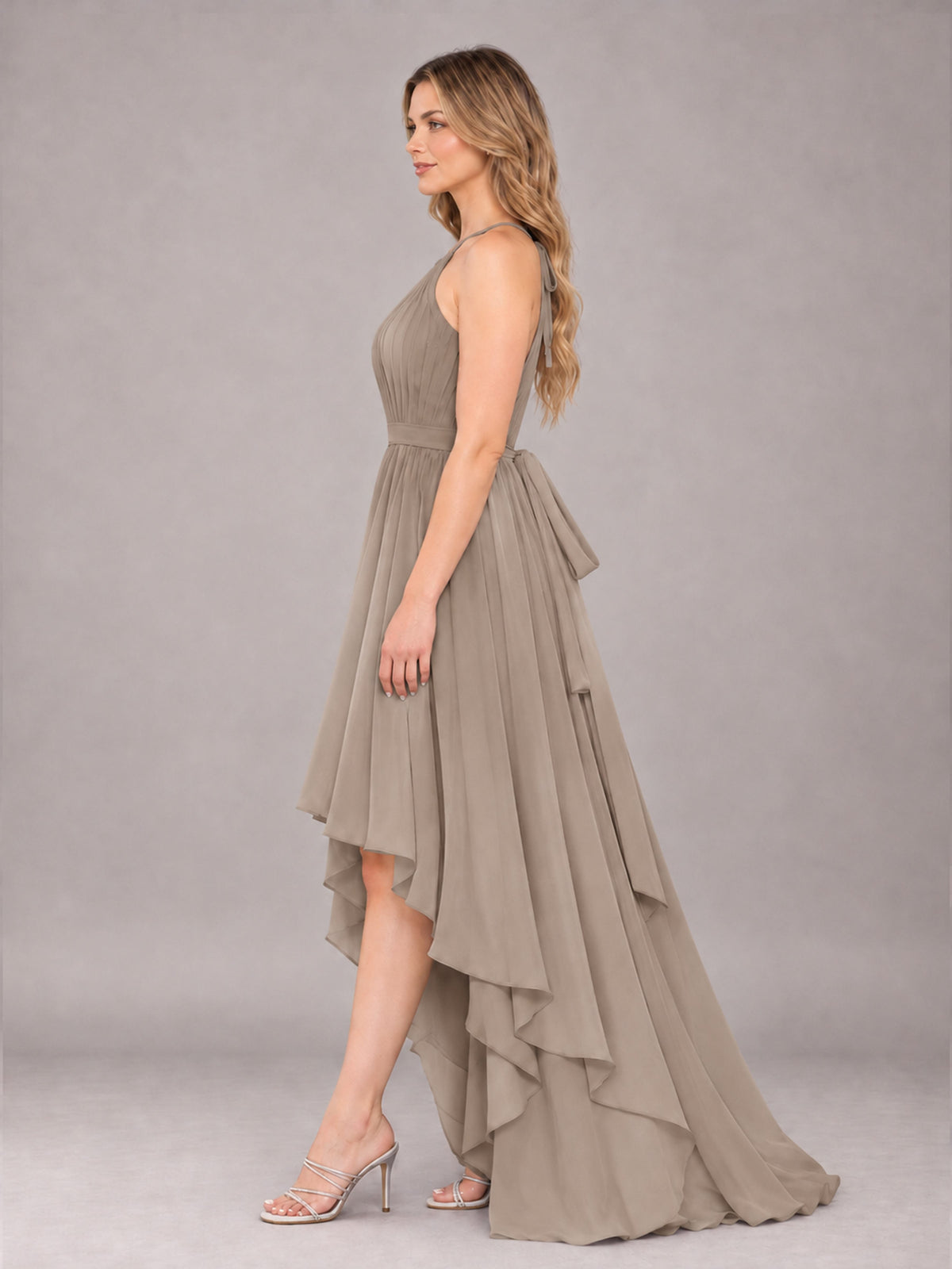 Taupe Classy Halter Asymmetrical Bow Back Chiffon Bridesmaid Dress