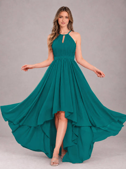 Teal Classy Halter Asymmetrical Bow Back Chiffon Bridesmaid Dress
