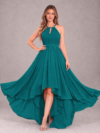 Teal Classy Halter Asymmetrical Bow Back Chiffon Bridesmaid Dress