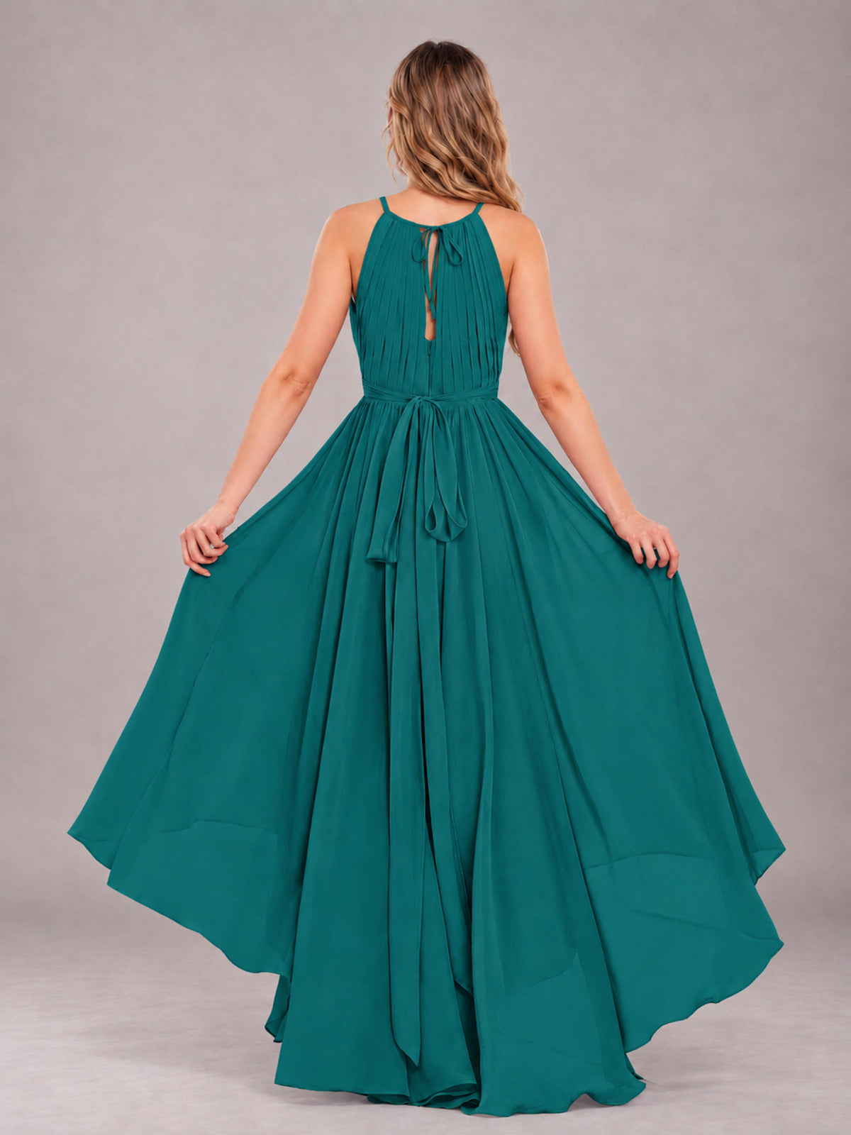 Teal Classy Halter Asymmetrical Bow Back Chiffon Bridesmaid Dress