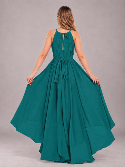 Teal Classy Halter Asymmetrical Bow Back Chiffon Bridesmaid Dress