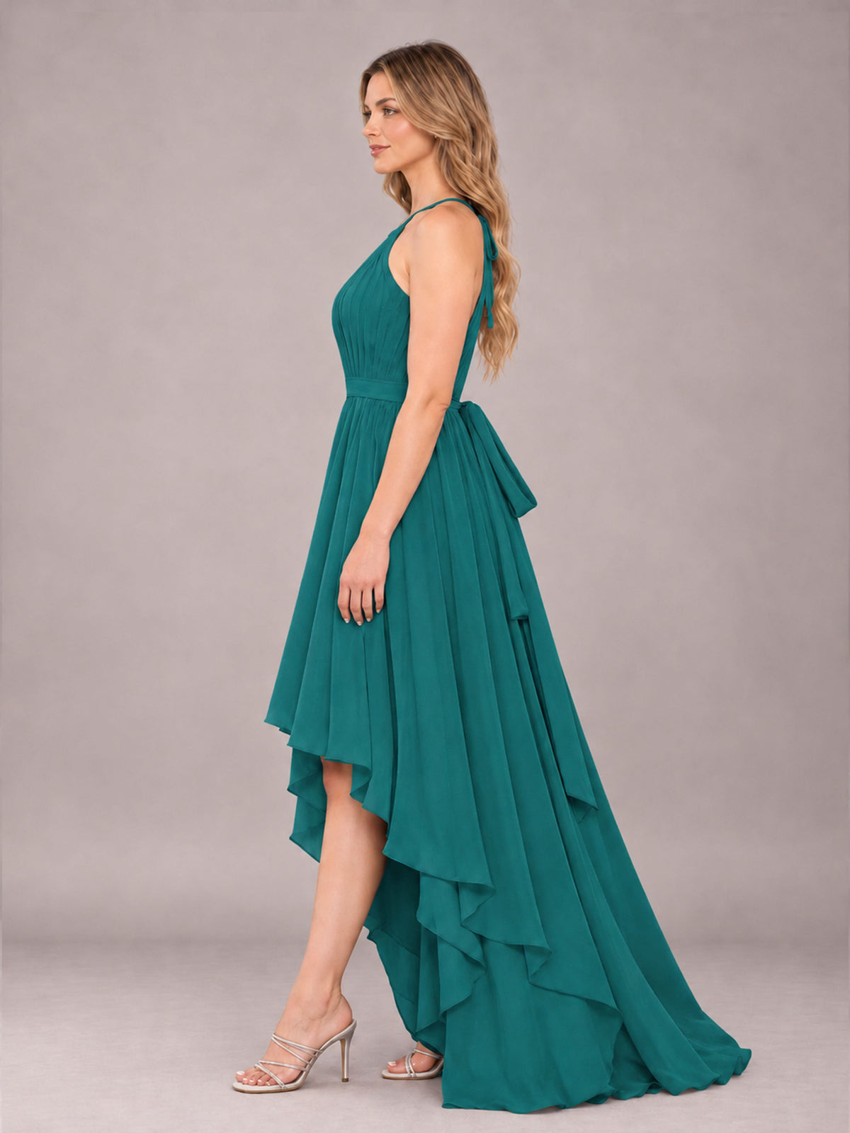 Teal Classy Halter Asymmetrical Bow Back Chiffon Bridesmaid Dress
