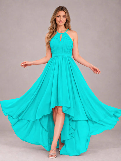 Turquoise Classy Halter Asymmetrical Bow Back Chiffon Bridesmaid Dress