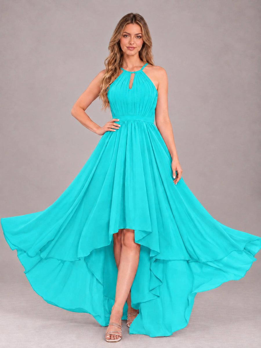 Turquoise Classy Halter Asymmetrical Bow Back Chiffon Bridesmaid Dress