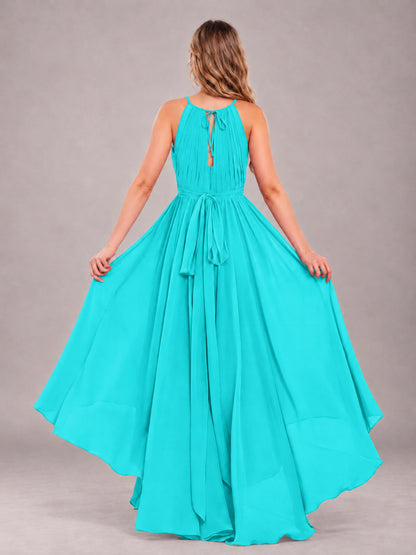 Turquoise Classy Halter Asymmetrical Bow Back Chiffon Bridesmaid Dress