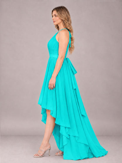 Turquoise Classy Halter Asymmetrical Bow Back Chiffon Bridesmaid Dress
