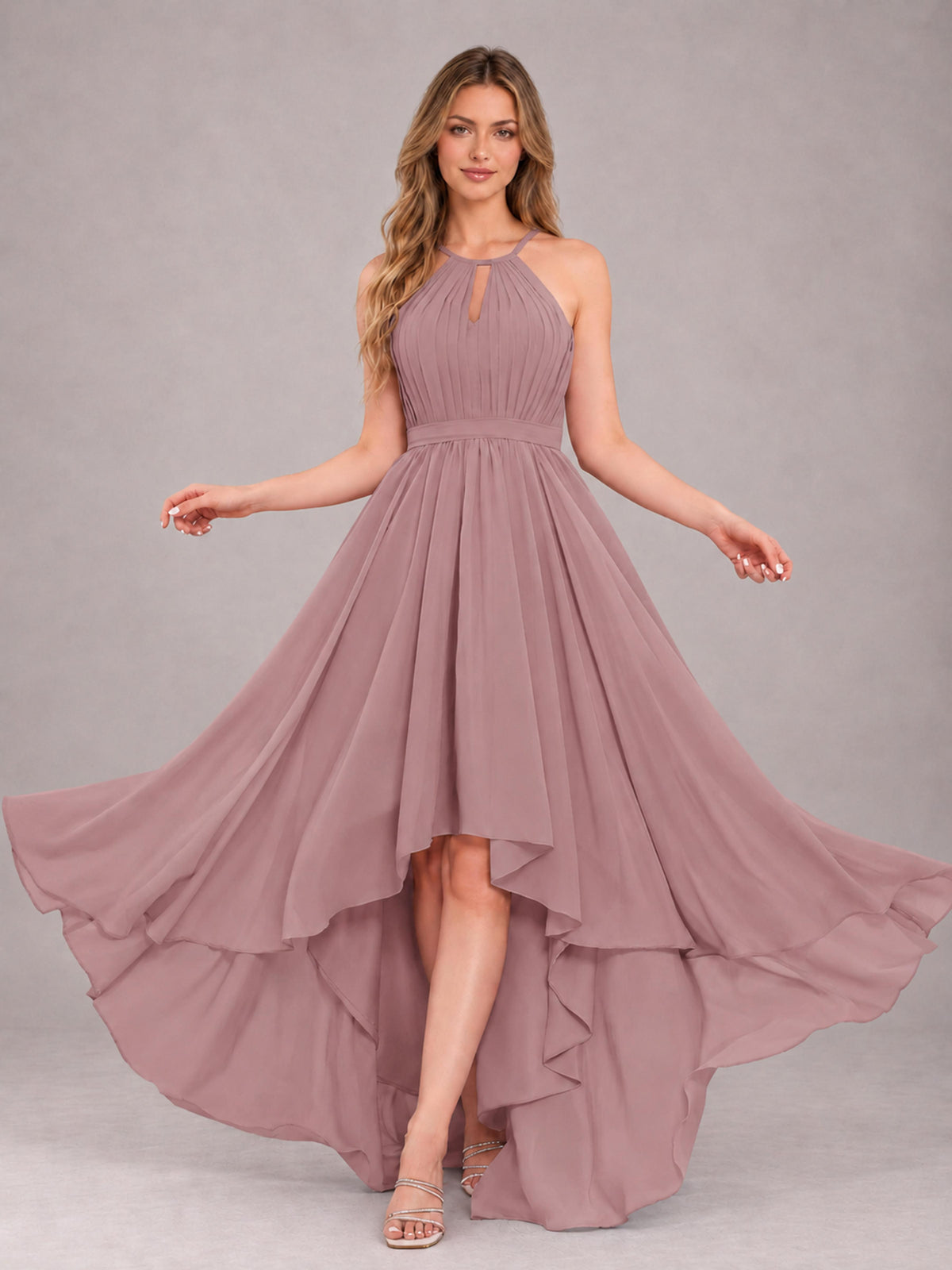 Vintage Mauve Classy Halter Asymmetrical Bow Back Chiffon Bridesmaid Dress