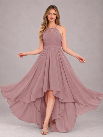 Vintage Mauve Classy Halter Asymmetrical Bow Back Chiffon Bridesmaid Dress