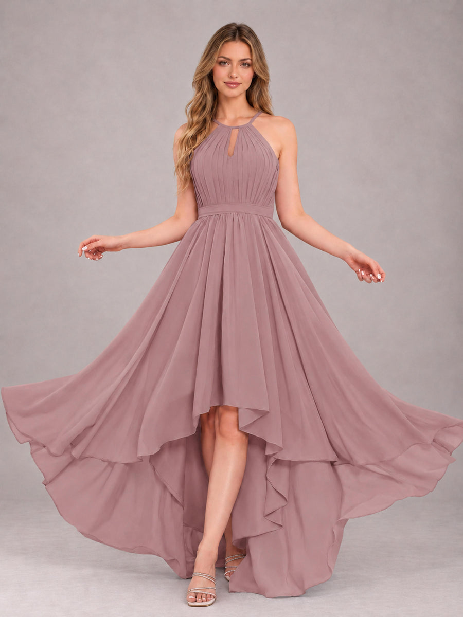 Vintage Mauve Classy Halter Asymmetrical Bow Back Chiffon Bridesmaid Dress