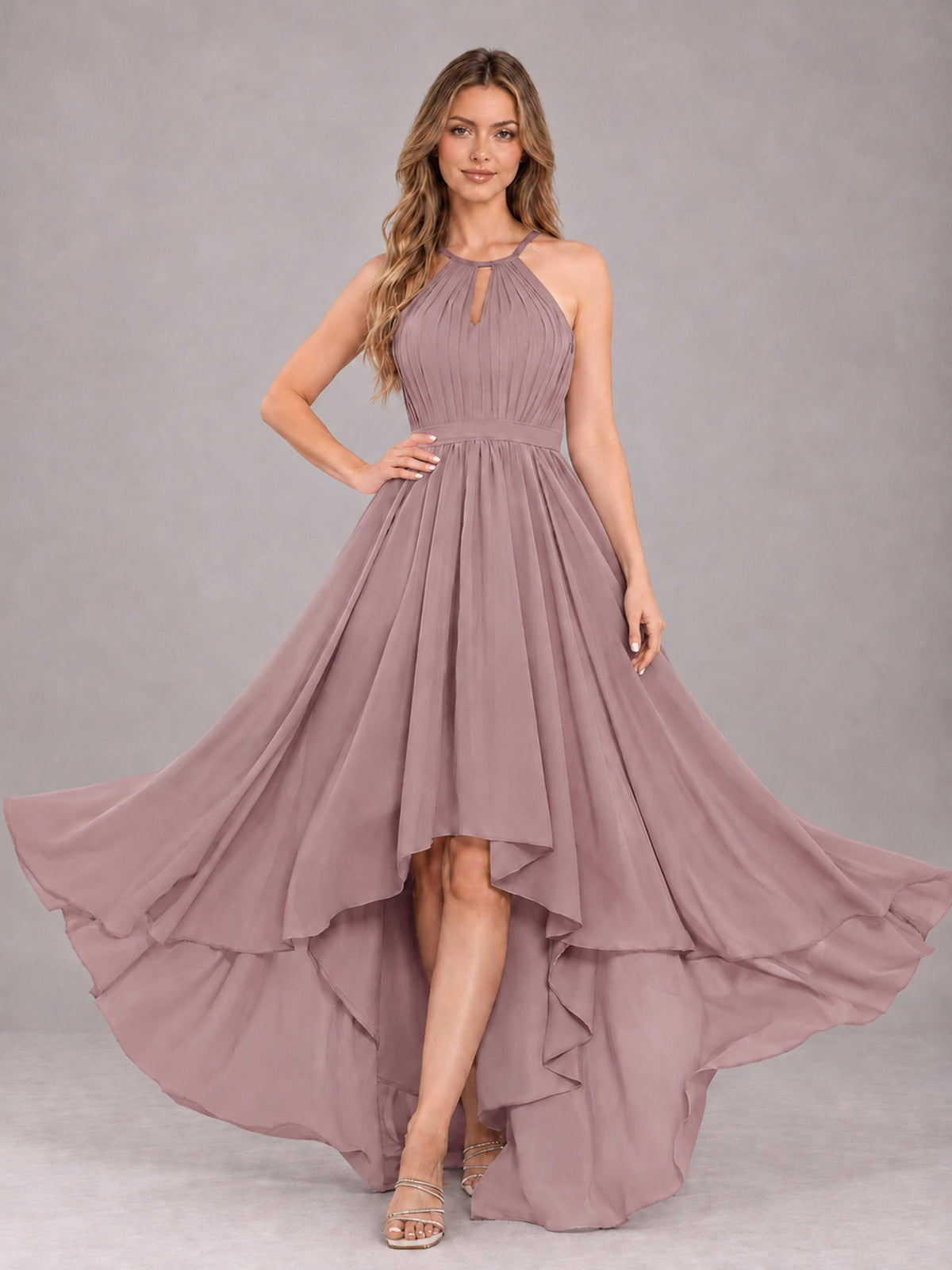Vintage Mauve Classy Halter Asymmetrical Bow Back Chiffon Bridesmaid Dress