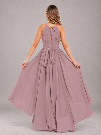 Vintage Mauve Classy Halter Asymmetrical Bow Back Chiffon Bridesmaid Dress