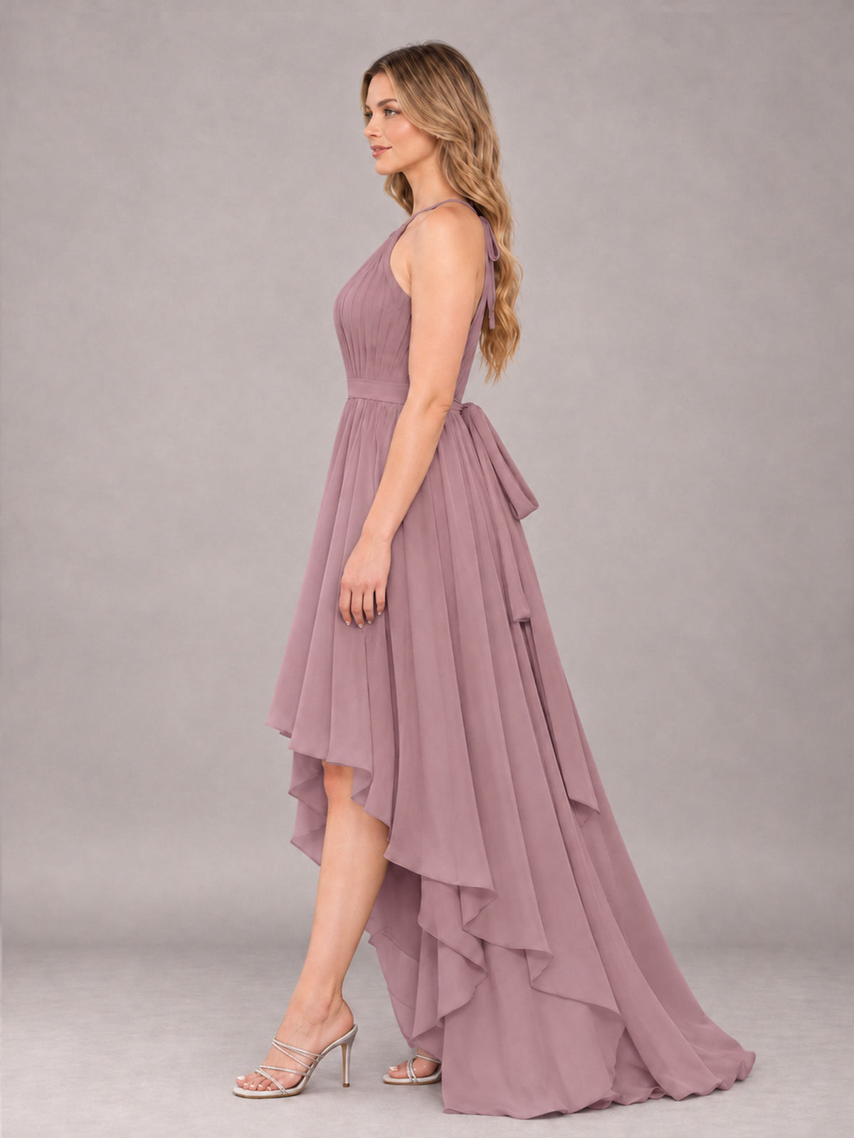 Vintage Mauve Classy Halter Asymmetrical Bow Back Chiffon Bridesmaid Dress