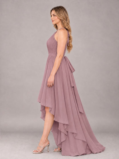 Vintage Mauve Classy Halter Asymmetrical Bow Back Chiffon Bridesmaid Dress