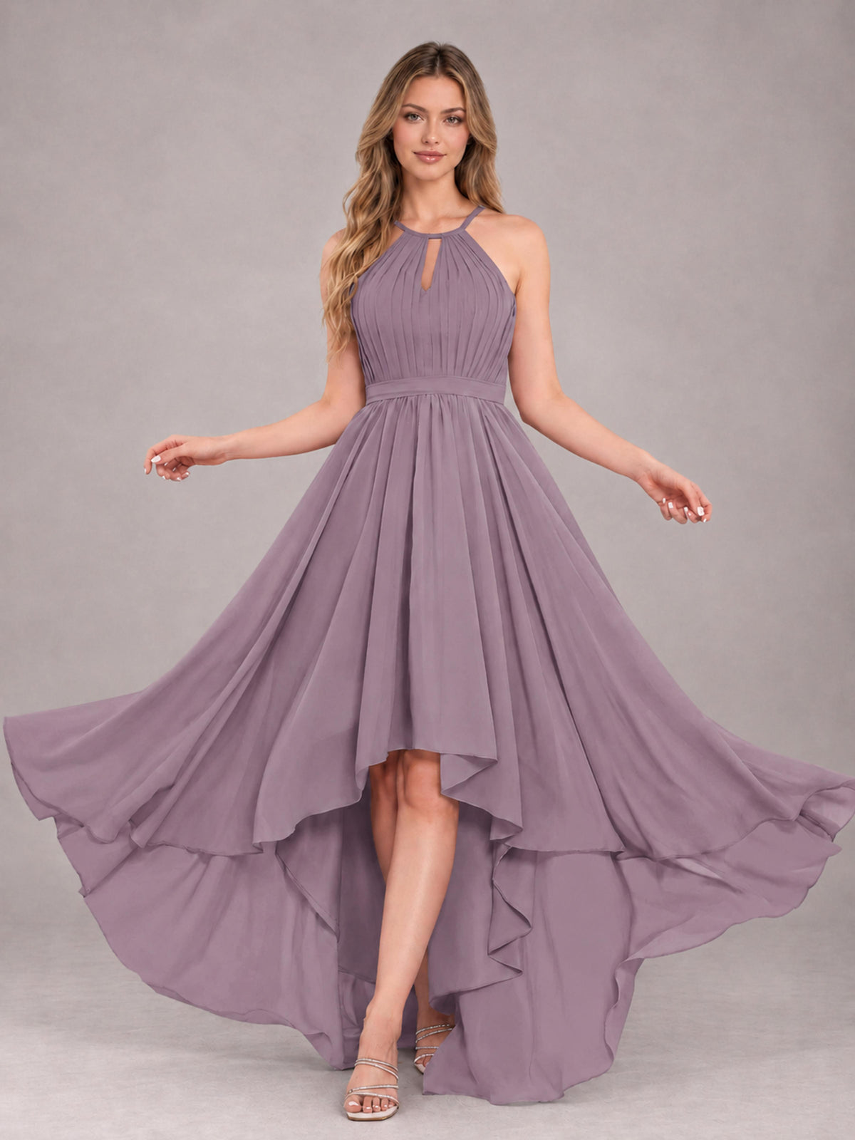 Wisteria Classy Halter Asymmetrical Bow Back Chiffon Bridesmaid Dress