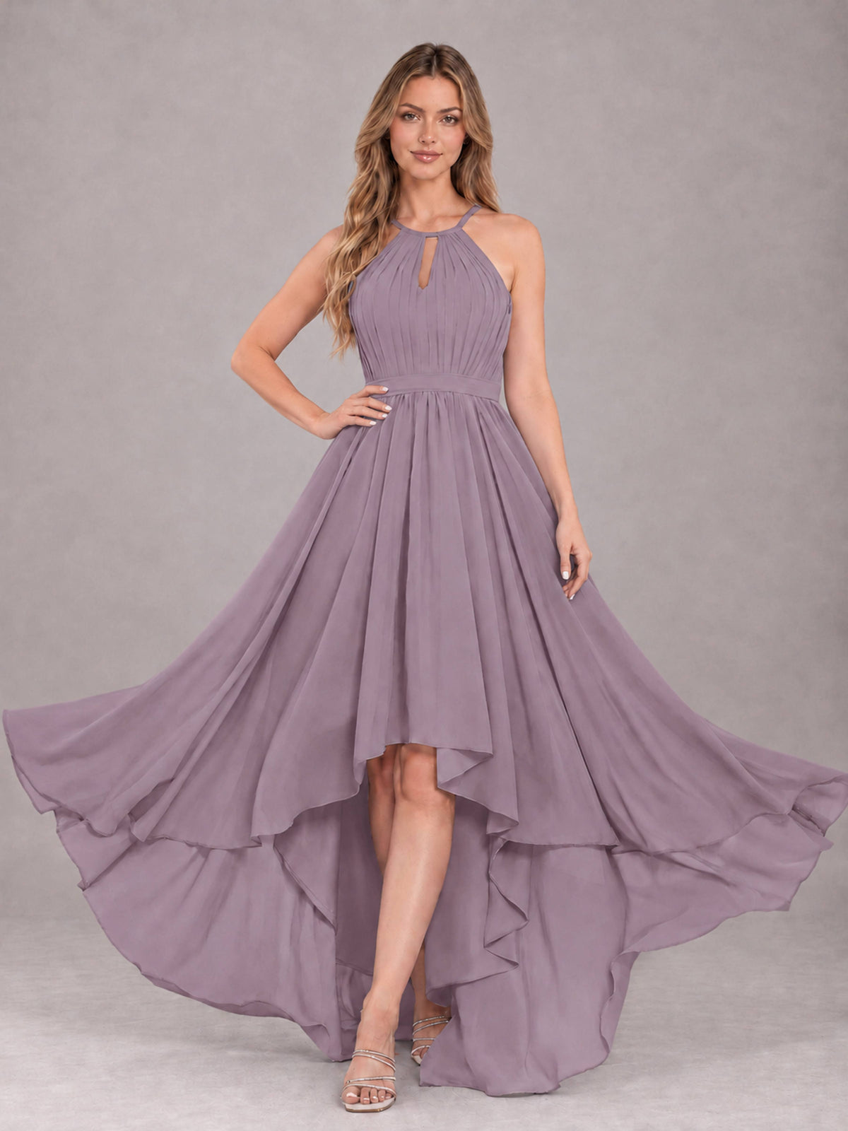 Wisteria Classy Halter Asymmetrical Bow Back Chiffon Bridesmaid Dress