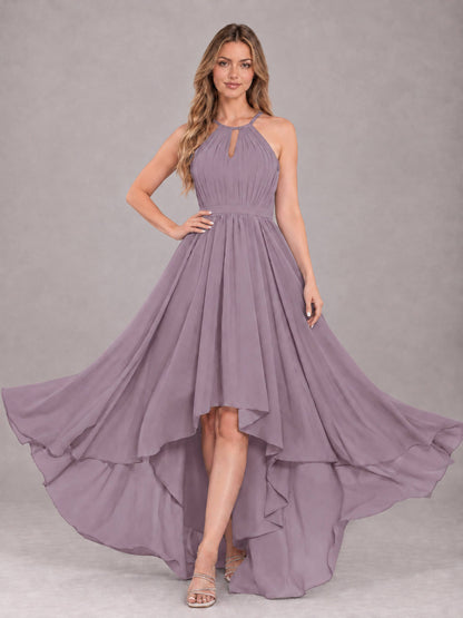 Wisteria Classy Halter Asymmetrical Bow Back Chiffon Bridesmaid Dress