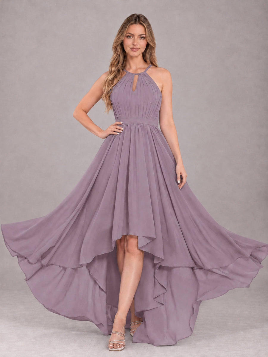 Wisteria Classy Halter Asymmetrical Bow Back Chiffon Bridesmaid Dress