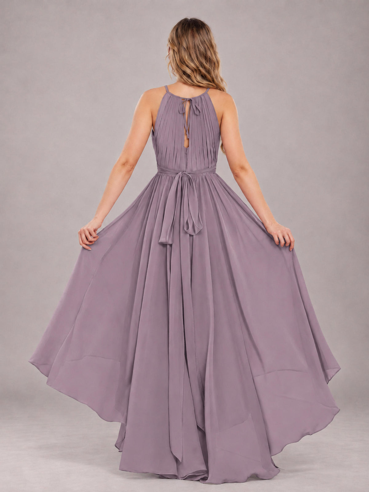 Wisteria Classy Halter Asymmetrical Bow Back Chiffon Bridesmaid Dress