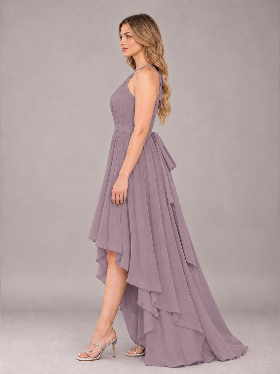 Wisteria Classy Halter Asymmetrical Bow Back Chiffon Bridesmaid Dress